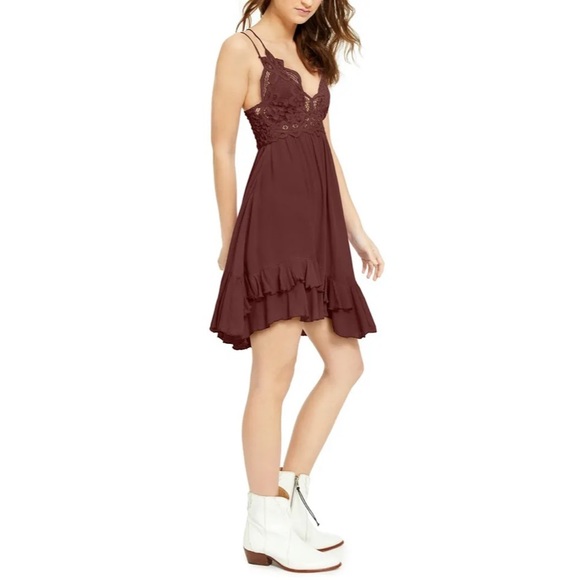 Free People Adela Lace Mini Dress in Mocha Size L - Picture 5 of 10